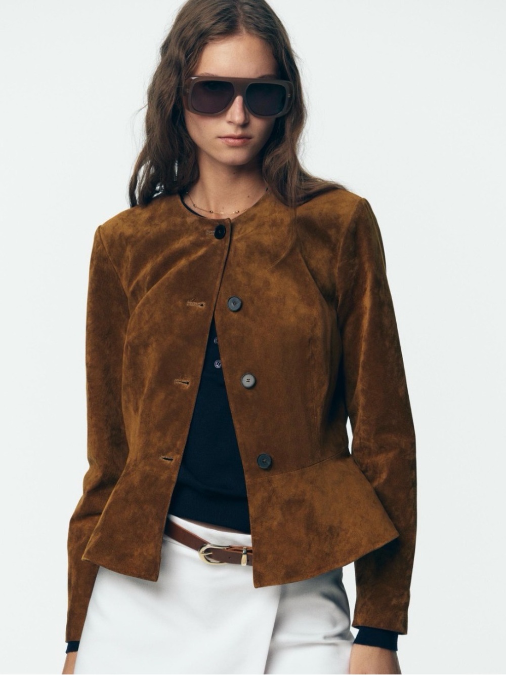 ZARA Flared Hem 100% Suede Leather Jacket in Whiskey Brown Size Small - Picture 5 of 14